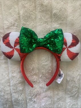 Minnie Ears Peppermint Sequin Ear Headband with Green Sequin Bow - Red & White